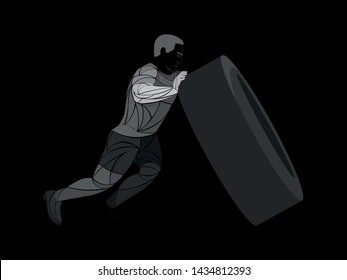 People pushes tire wheel on training. Vector Illustration isolated