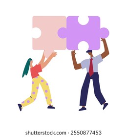 Pessoas empurrando enormes peças de um quebra-cabeça para o outro. Ilustração vetorial do conceito de trabalho em equipe. 