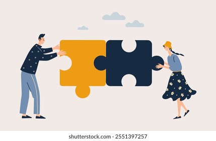 People pushing huge pieces of one puzzle towards each other. Teamwork concept vector illustration. 