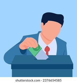 la gente mete las papeletas en las urnas y dentro de ellas hay leyes, una metáfora del fraude electoral. Simple ilustración conceptual plana.