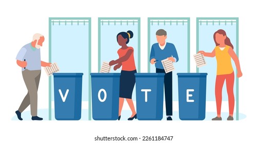 People put ballots in boxes. Citizens elect president. Political candidate choice. Confidential vote. Voting questionnaire. Balloting container. Presidential election