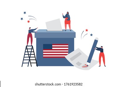 People put ballots in a voting box. Presidential elections in the USA. American flag. Flat vector illustration.