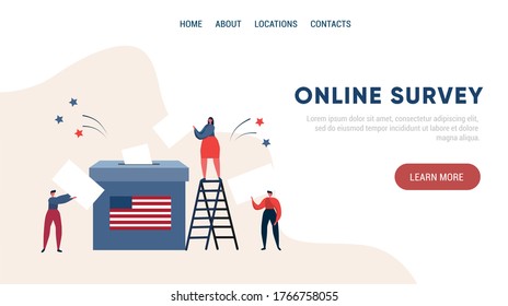 People put ballots in a voting box. Presidential elections in the USA. American flag. Template for website, landing page of online survey. Flat vector illustration.