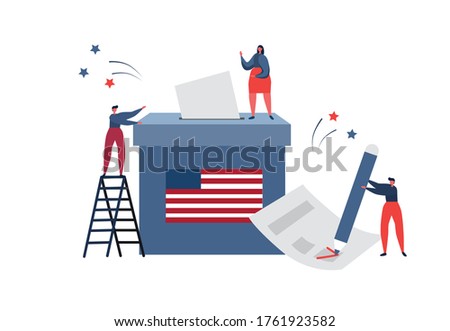 People put ballots in a voting box. Presidential elections in the USA. American flag. Flat vector illustration.