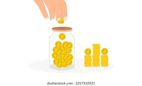 People put coins into a glass for donations with flat style design.