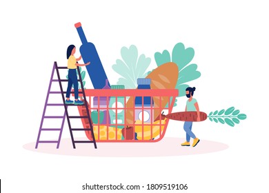 People put food in the shopping basket. Colorful flat vector drawing.