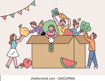 People put fresh vegetables and fruits in a huge courier box. flat design style minimal vector illustration.