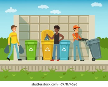 People put garbage in plastic packages of different types. Vector