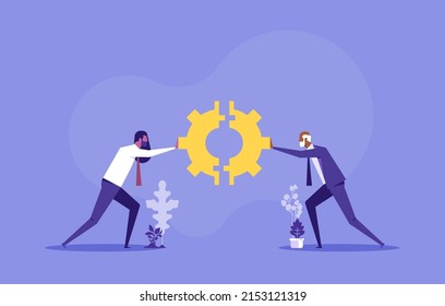 People put the gear jigsaw puzzle together vector illustration, symbol of teamwork, cooperation, partnership, team metaphor