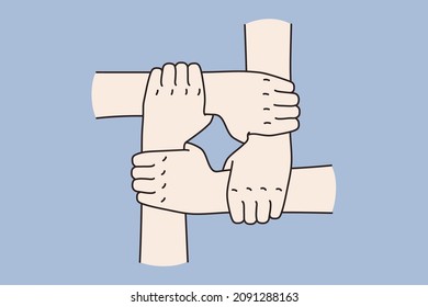 La gente se une para mostrar la unidad del equipo y el vínculo. Diversos empleados o trabajadores que se dedican a la formación de equipos. Concepto de trabajo en equipo y cooperación. Ilustración vectorial plana. 