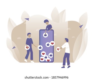 La gente pone como en Internet en un teléfono móvil. Ilustración vectorial con idea de comunicación web para teletrabajo, trabajo a distancia y concepto de freelance