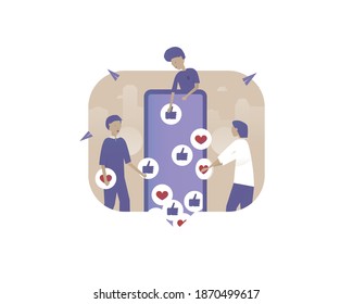 People put like on the Internet in a mobile phone. Vector illustration with Web communication idea for telework, remote working and freelancing concept
