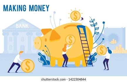 People Put Money in Piggy Bank. Making Monay. From Poverty to Wealth. Achive Goal. Vector Illustration. Way to Victory. Earn Money. Financial Stability. Bank Money System. Toss Coins into Piggy Bank. svg