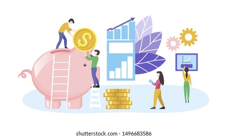 People put money in a piggy bank. Business concept of money saving. Vector flat illustration for design.