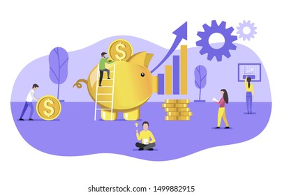People put money in a piggy bank. Business concept of money saving. Vector flat illustration for design.
