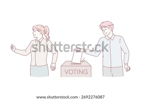People put paper in ballot box voting at election. Voters make decision or choice, select candidate for president or minister. Politics, democracy concept. Flat vector illustration.