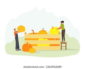 La gente puso calabazas en una caja. Cosecha otoñal. Ilustración plana.