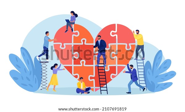 People\
put the puzzle pieces together to red heart shape form. Charity and\
donation. Give and share your love to people. Group of volunteers\
work for good purpose in social benefit\
activity