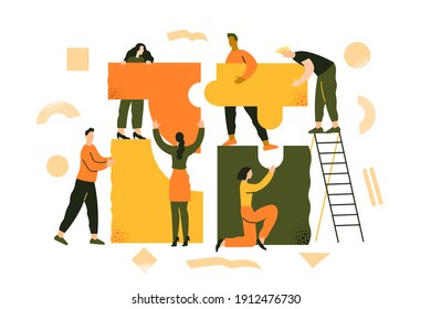 People put the puzzle together. Team work, business partnership, coworking. Team metaphor. Business creative concept. Flat vector illustration in trendy style.