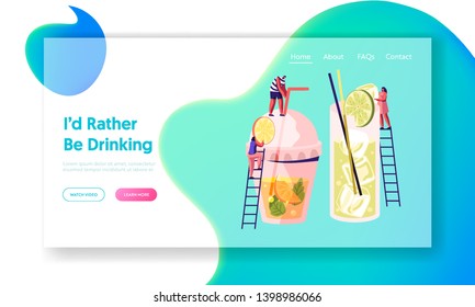 People Put Slice of Lime and Orange to Big Glasses with Juice, Ice Cubes and Straw. Characters Cook Cold Drinks at Summer Time Website Landing Page, Web Page. Cartoon Flat Vector Illustration, Banner