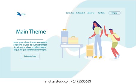 People Put Suitcases on Tape at Airport. People at Airport. Fly on Vacation. Pass Control. Vector Illustration. Monitor Screen. Woman with Yellow Suitcase and Boy with Green Backpack.