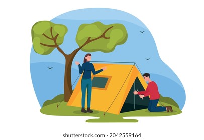 People put up tent concept. Man and woman resting in nature. Camping on hike. Tent for outdoor living. Married couple on vacation. Cartoon flat vector illustration isolated on white background