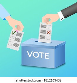 People put their ballots in the ballot box.The concept of elections free expression of people's will freedom of elections.Flat vector illustration.