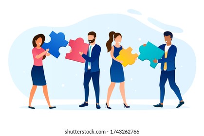 People put together colorful puzzle pieces. Metaphorical Match Concept of teamwork. The importance of unity. Business partnership Joint Corporate Strategy. Perfect for banner, infographics, web design