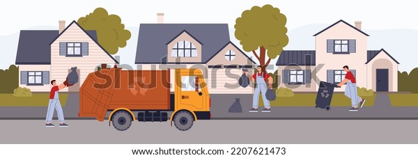 People put trash bags from the\
street into garbage truck flat style, vector illustration. Garbage\
recycling, ecology concept, environmental\
protection