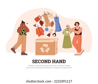 People put unnecessary clothes and decors in box to give to others flat style, vector illustration isolated on white background. Second hand concept, place for text, recycling