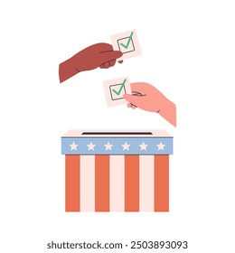 People put vote paper into election box. US voting and elections concept. Vector illustration in flat style