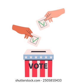 People put vote paper into election box. Illustration of the concept of elections. Voting and elections concept. Vector illustration in flat style