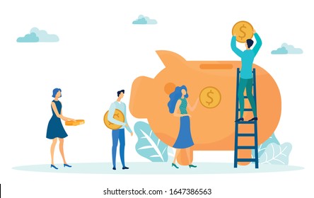 People Puting Money into Piggy Bank Flat Cartoon Vector Illustration. Making or Saving Money. Man Standing on Ladder and Tossing Coins into Big Pig. Financial Services, Accumulating Money.