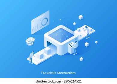 People putting building blocks on conveyor belt. Concept of futuristic industrial machine or mechanism, manufacturing process, production. White isometric vector illustration for banner, poster.