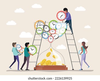 People putting clock into Sandclock. Time tranfer to money. Time management planning, Deadline. Work organization and business management. Times is money