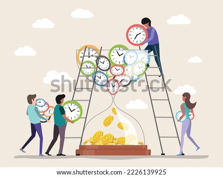 People putting clock into Sandclock. Time tranfer to money. Time management planning, Deadline. Work organization and business management. Times is money