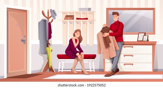 People putting clothes on in hallway at home. Man with coat and woman sitting on bench in house vector illustration. Foyer room interior design horizontal background with staricase and doors.