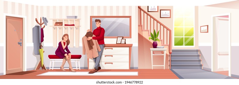 People putting clothes on in hallway at home. Man with coat and woman sitting on bench in house vector illustration. Foyer room interior design horizontal background with staricase and doors.