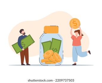 People putting coins and bills into jar for concept of donation money for charity, financial support, flat vector illustration isolated on white background.