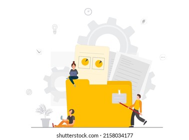 People putting documents in folder, digital data storage, network workflow concept, online file exchange system, flat vector illustration