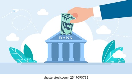 Pessoas colocando dólar na construção de um banco como o piggy bank. Troca de dinheiro, serviços financeiros. Poupança ou acumulação de dinheiro. Devolver. Investimento. Design plano. Ilustração vetorial