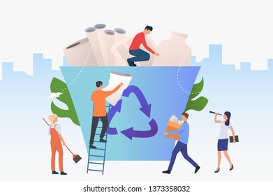 People putting garbage into big recycling bin. Protection, solution, ecology concept. Vector illustration can be used for topics like recycling, pollution, environment