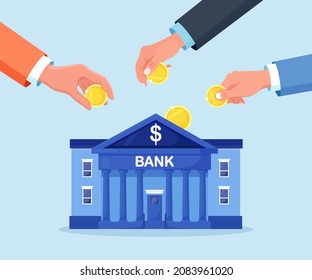 La gente coloca las monedas de oro en el edificio del banco como banco de cerdos. Ahorro o acumulación de dinero. Devolución de efectivo. Inversión. Cambio de dinero, Servicios financieros. Ilustración del vector