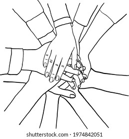 People putting hands together Hands stack showing Teamwork unity Hand drawn line vector illustration