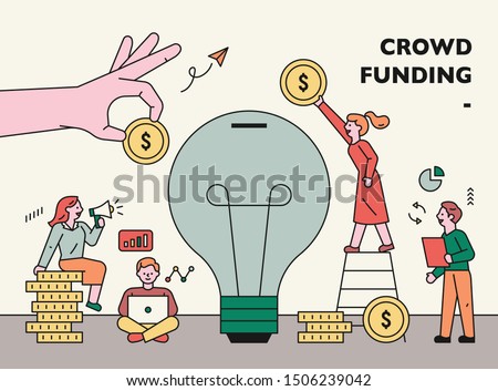 People putting money in idea light bulbs. Crowdfunding concept banner poster. flat design style minimal vector illustration.