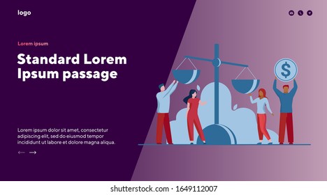 People putting money on scale. Couples, investors, currency rate flat vector illustration. Finance, equality, comparison concept for banner, website design or landing web page