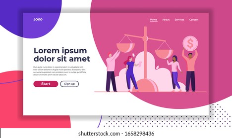 People putting money on scale. Couples, investors, currency rate flat vector illustration. Finance, equality, comparison concept for banner, website design or landing web page