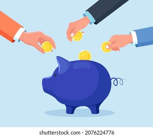 People Putting on Gold Dollar Coins in Piggy Bank. Savings or Accumulation of Money. Cash Back. Investment. Vector illustration