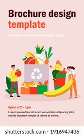 People putting organic food into eco friendly bag with recycling sign. Shoppers with fresh fruits and plastic cup. Vector illustration for sustainable development, zero waste, reuse concept