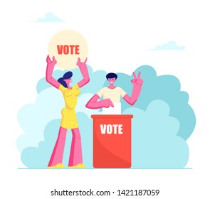 People Putting Paper Vote into Ballot Box. Male and Female Characters, Law-abiding Citizen, City Dwellers Execute their Rights and Duties in Political Life of Country Cartoon Flat Vector Illustration